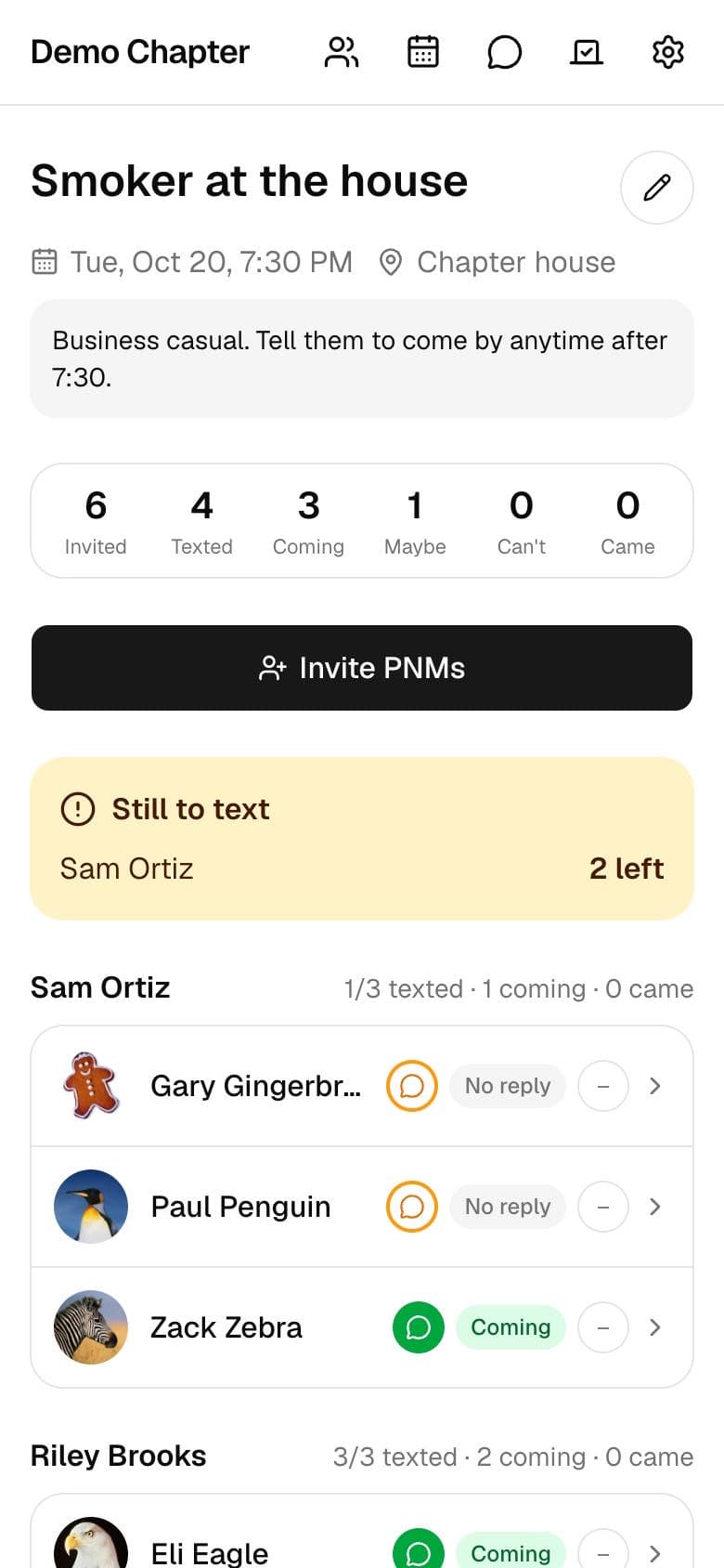Event page grouped by rushcom member